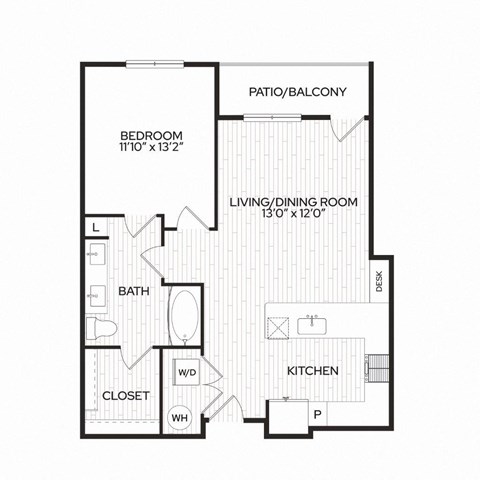 Floor plan for 1 bed, 1 bath, 769 sqft
